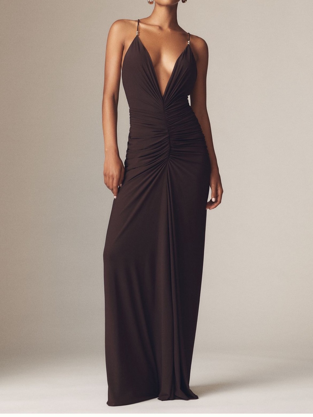 Elegant Chocolate Ruched V-Neck Gown